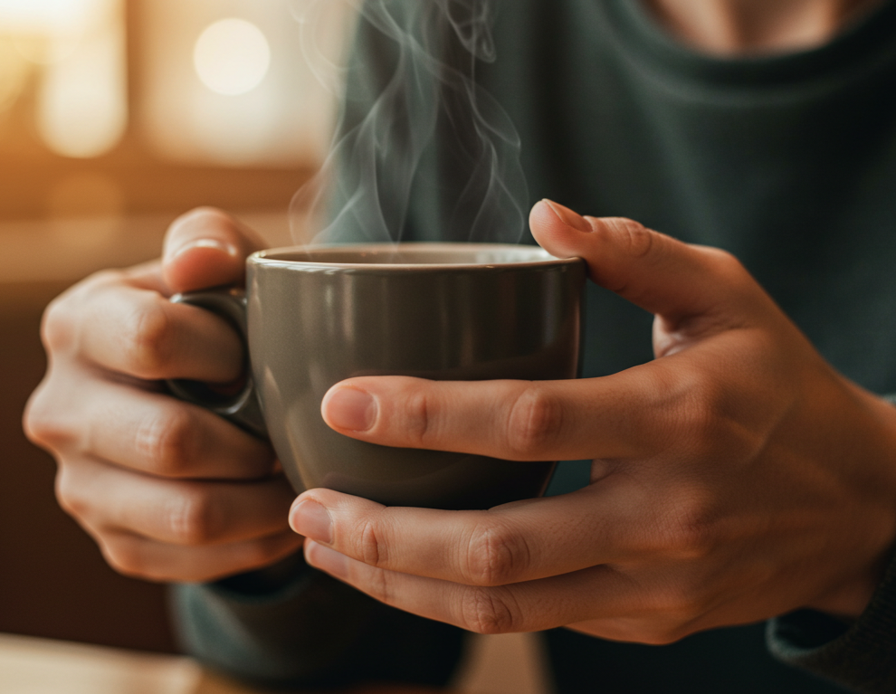 bahaya kopi akibat kafein tinggi – tangan menggigil sambil memegang cawan kopi panas